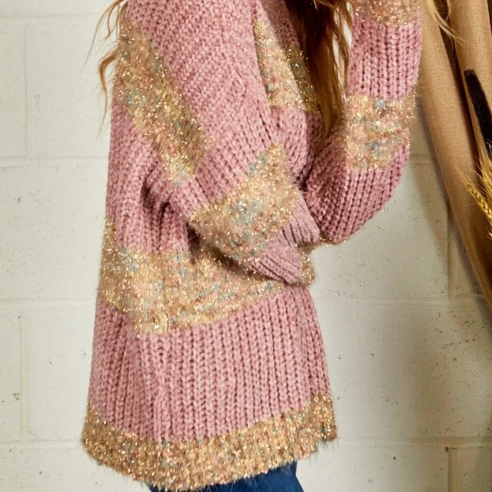 **Last One** Chenille Confetti Soft Knit Sweater, Pink & Gold Metallic Details - Picture 10 of 12